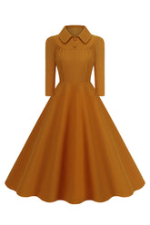 Gelbes Peter-Pan-Kragen Langärmeliges A-Linie Midikleid aus den 1950er Jahren